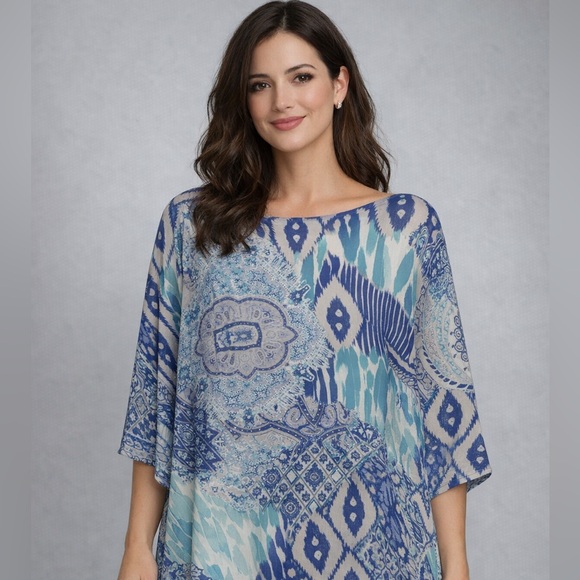 Chico's Blue Multi-Print Lightweight Poncho Top - Picture 6 of 8